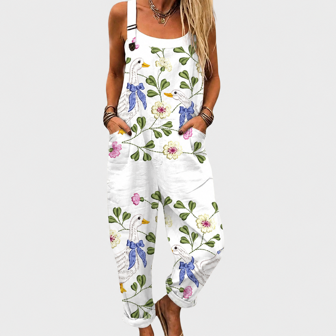 Goose Floral Print Sleeveless Cuffed Overall Jumpsuit