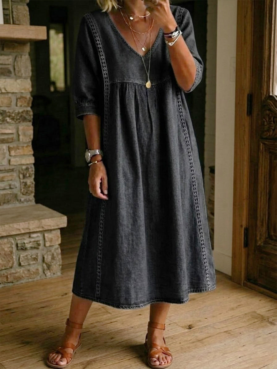 Denim V-Neck Pocket Midi Dress 4