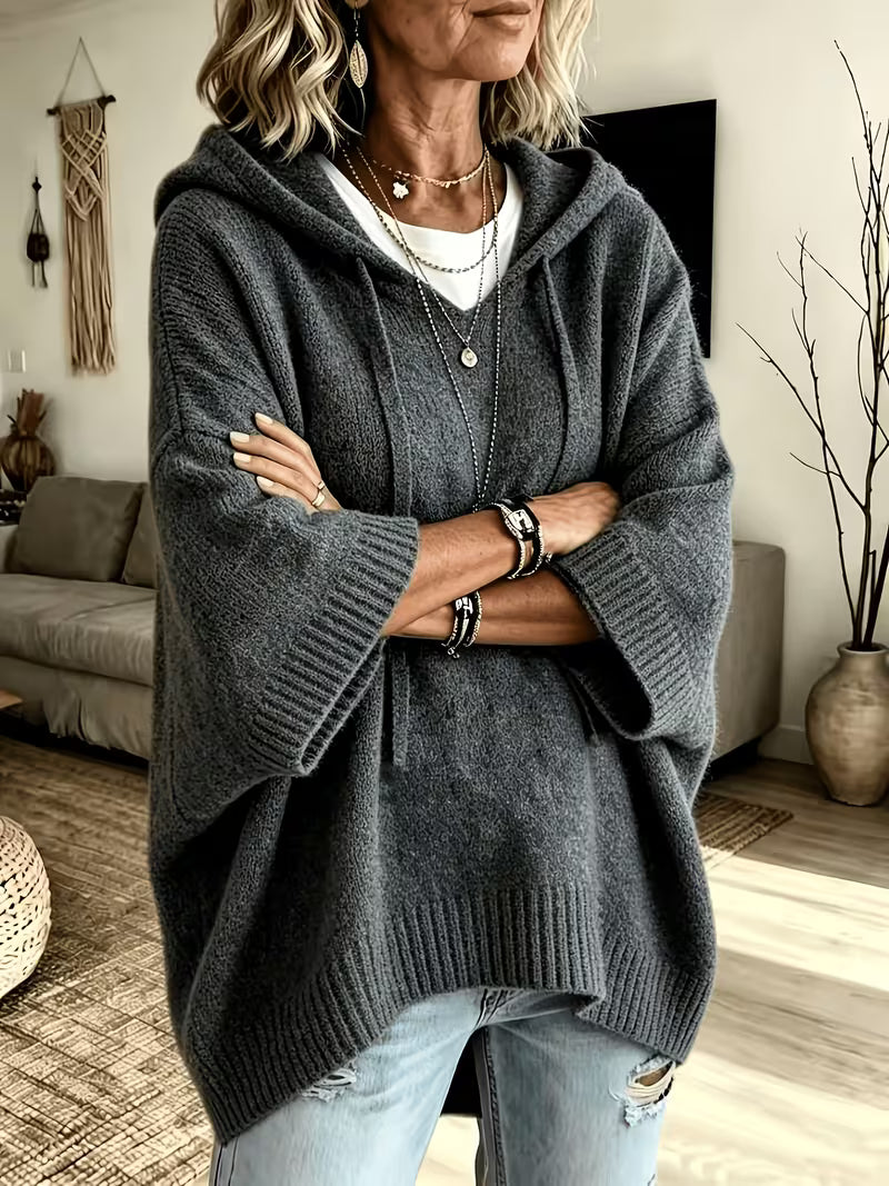 Hooded Drawstring Oversized Knit Poncho Sweater
