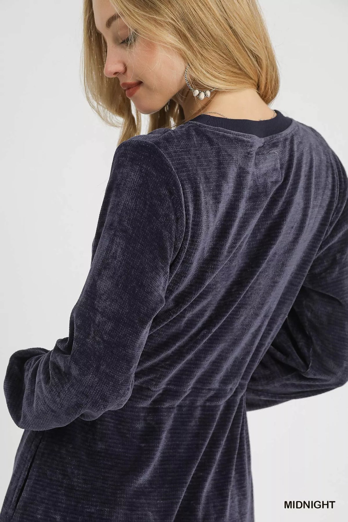Velvet Crew Neck Long Sleeve Drawstring Waist Mini Dress 5