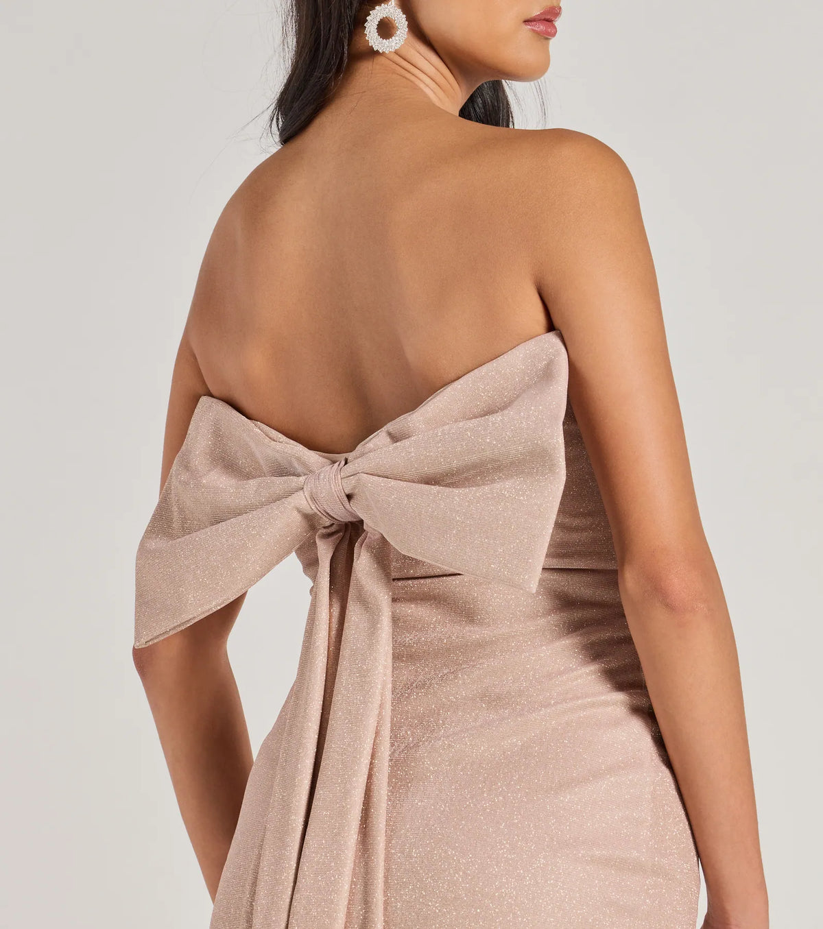 Glitter Knit Strapless Fold Over Open Back Bow Mini Dress 5