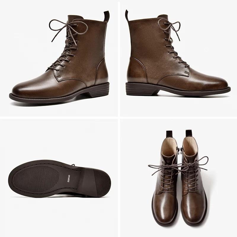 Ankle Boots Women Genuine Cow Leather Waxing Round Toe Lace Up Zip Fashion Motorcycle Female Shoes Handmade