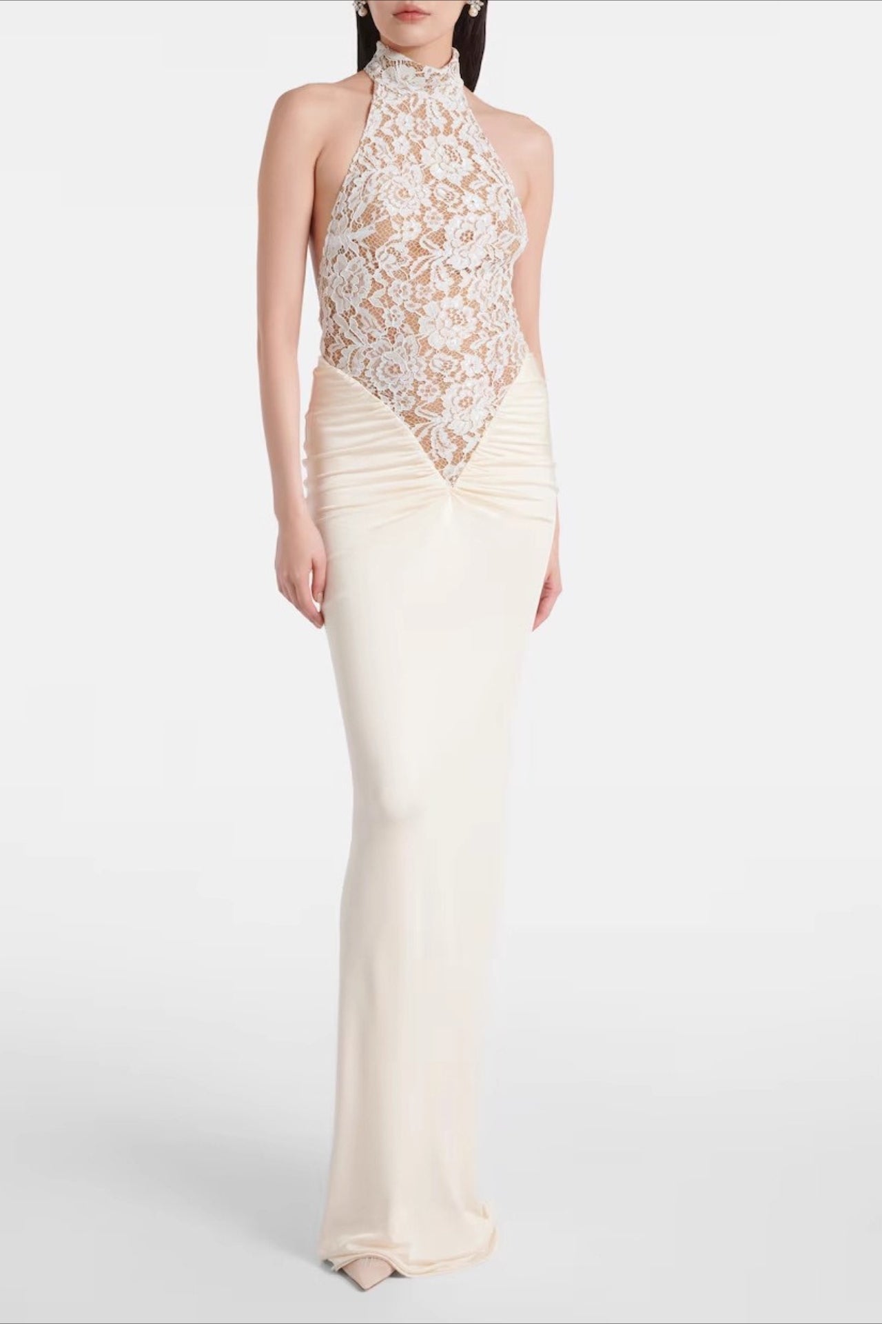 Floral Lace Halter Neck Backless High Split Satin Maxi Prom Gown