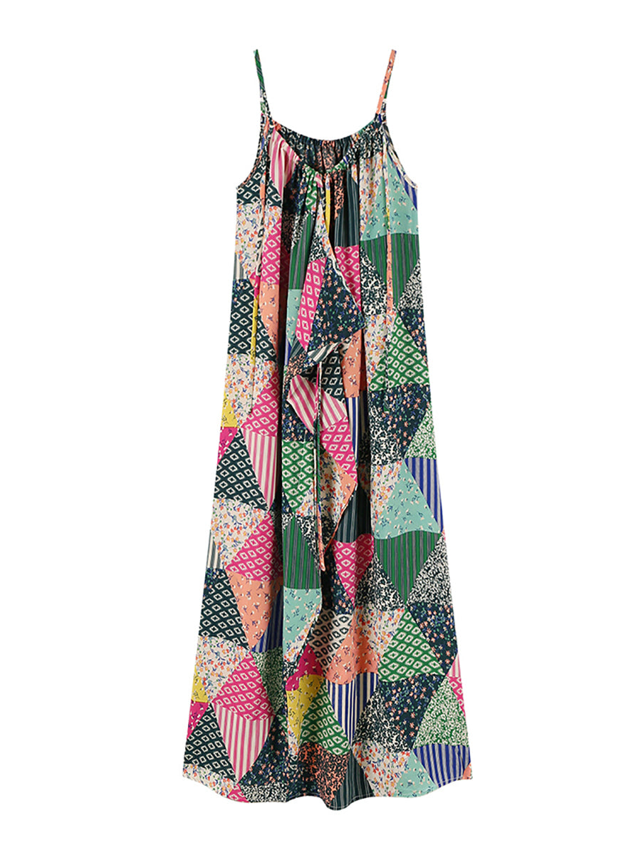 Spaghetti Strap V-Neck Patchwork Triangle Print Ruffle Flowy Maxi Dress