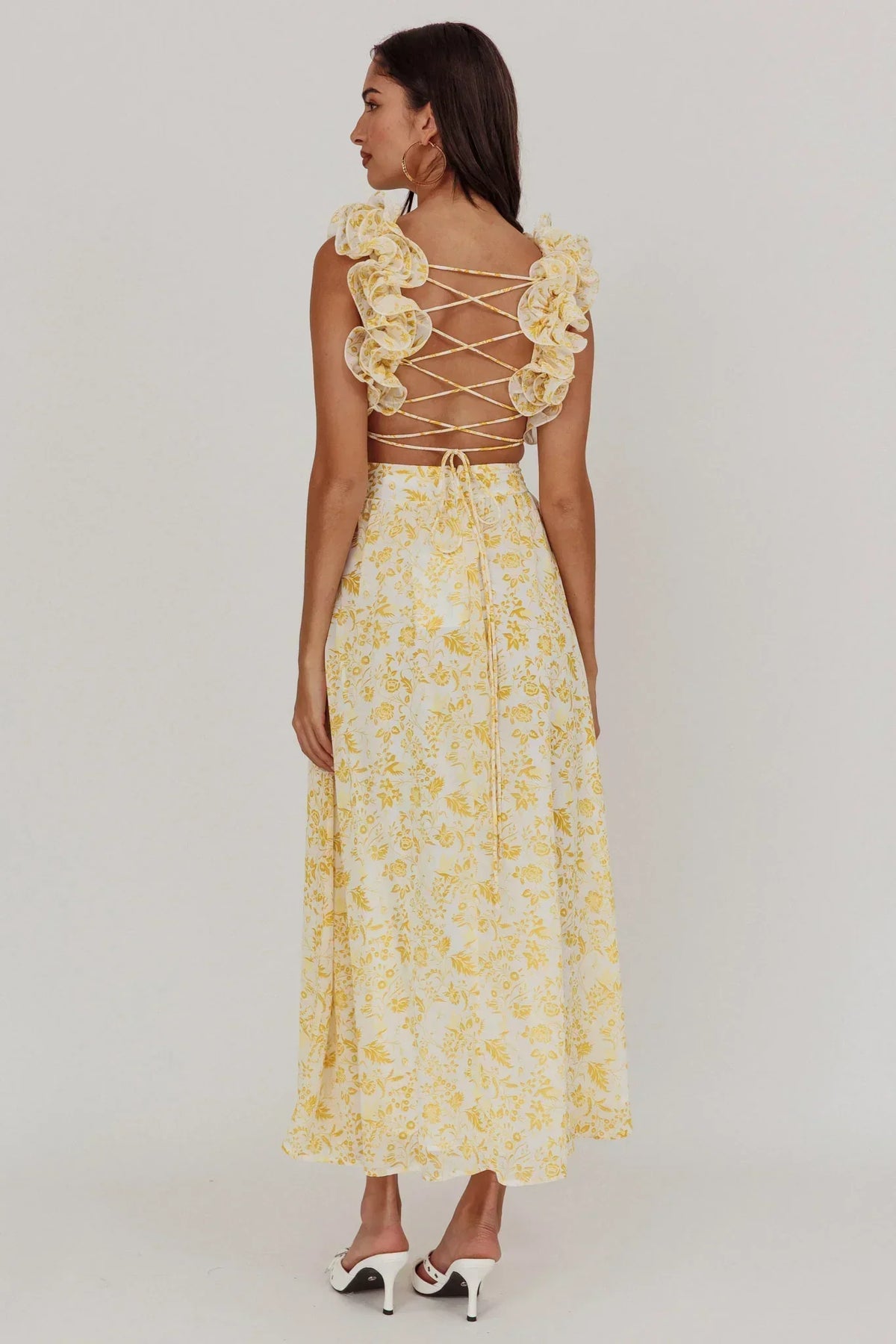Floral Print V-Neck Ruffle Strap Side Cut Out Maxi Dress 2