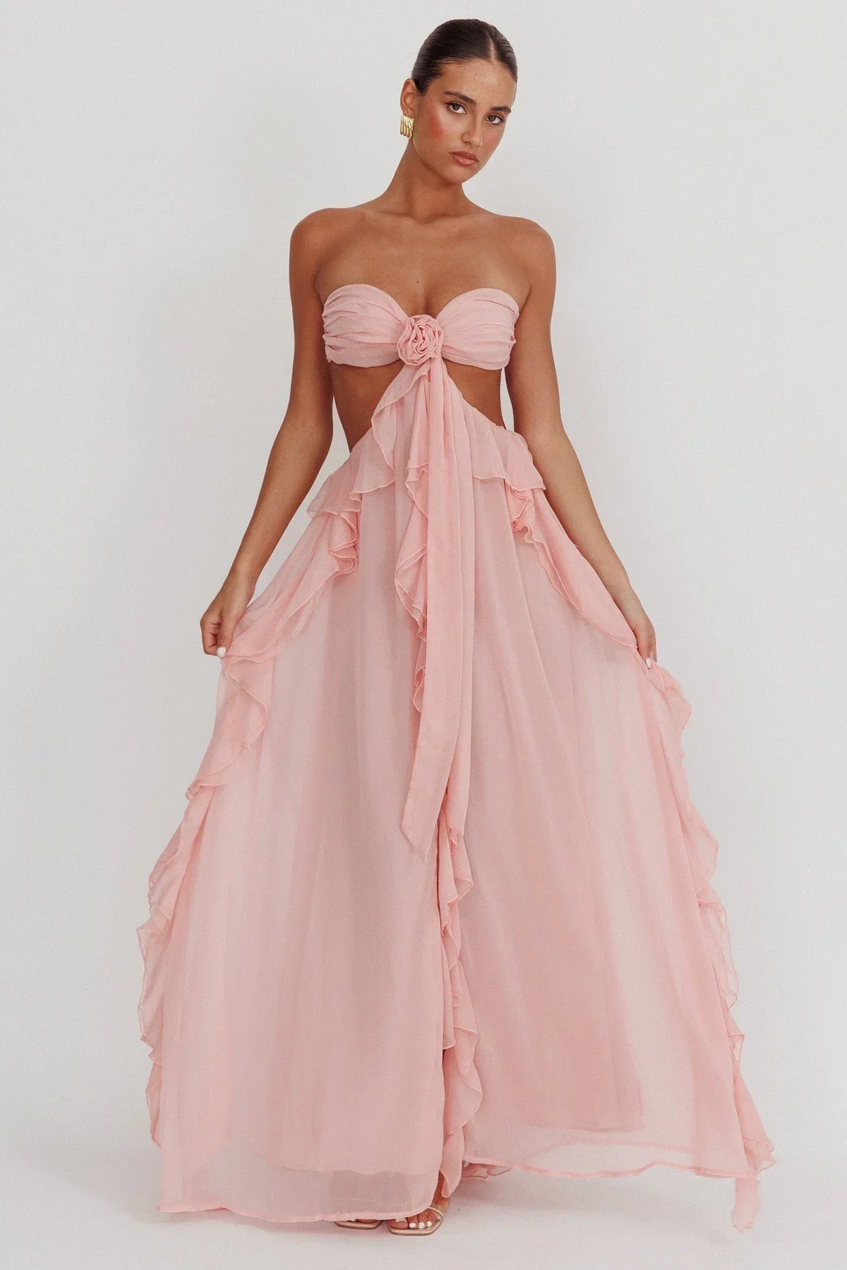Chiffon Strapless Rosette Tie Front Cut Out Ruffle Maxi Dress 6