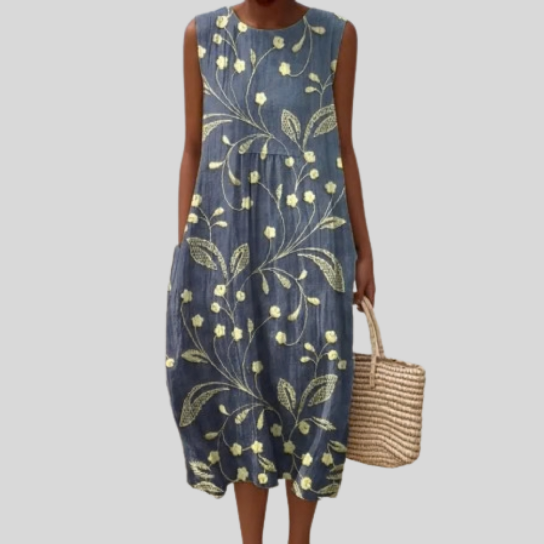 Floral Embroidered Round Neck Sleeveless Midi Dress