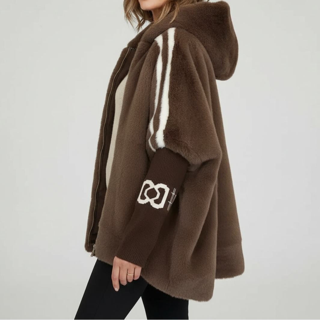 Hooded Faux Fur Zip Front Poncho Jacket