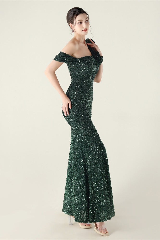 Sequin One Shoulder Ruffle High Split Mermaid Gown