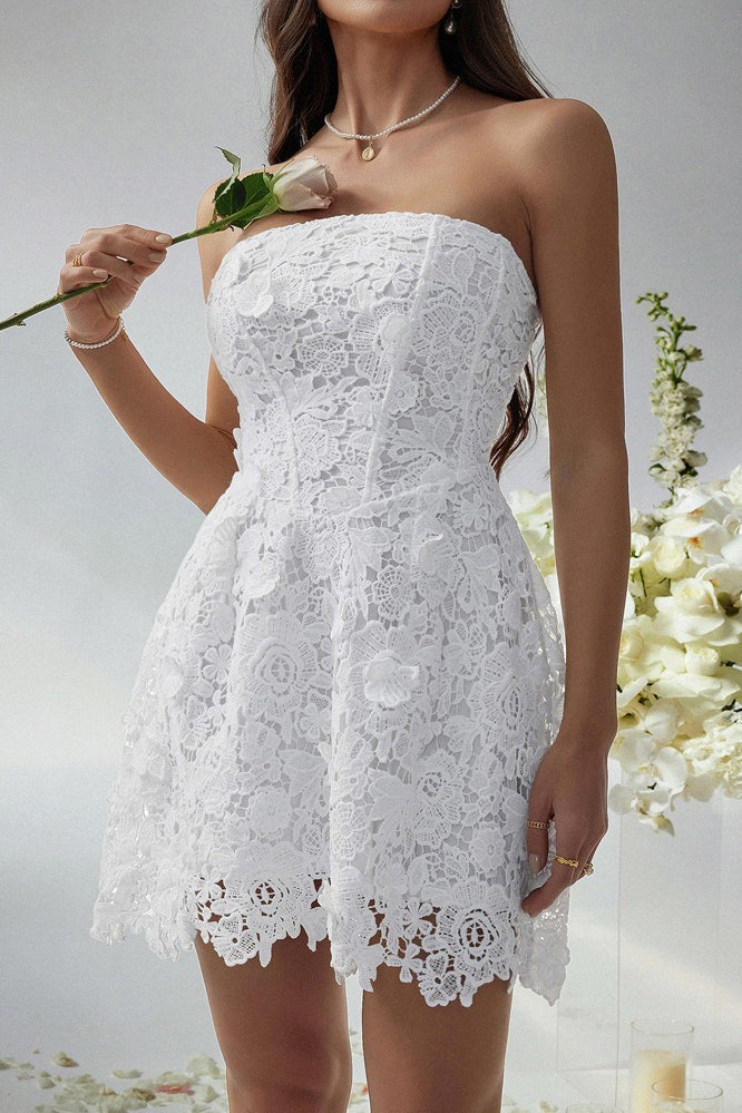 Lace Strapless Corset Bustier 3D Floral A-Line Pocket Cocktail Mini Dress