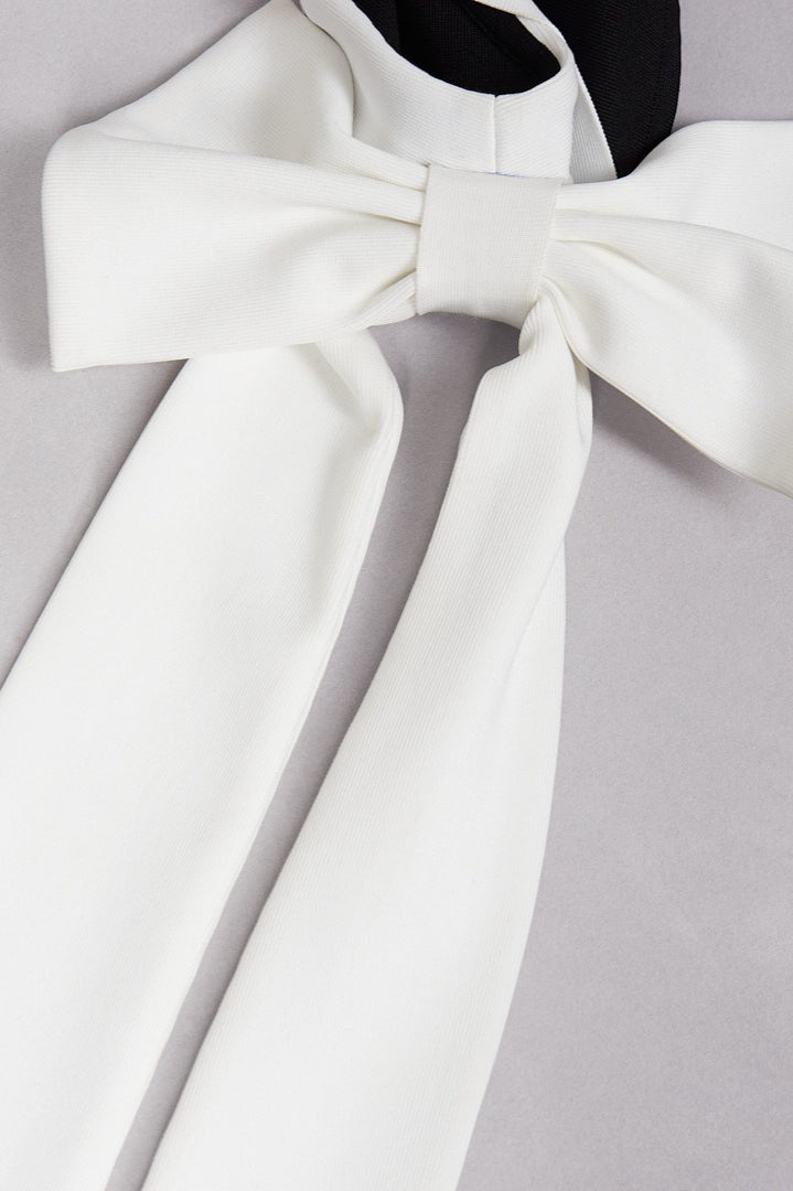 Bandage Off Shoulder Color Block Bow Detail Bodycon Midi Cocktail Dress