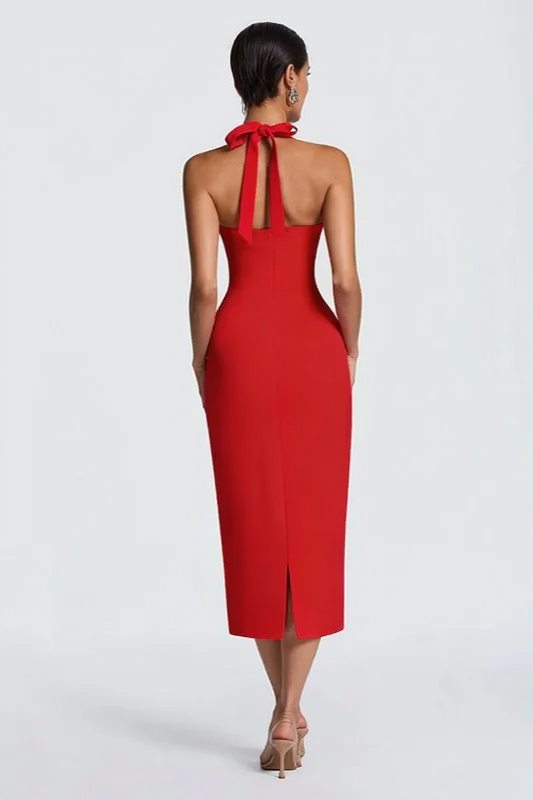 Solid Halter Neck Tie Back Midi Party Dress