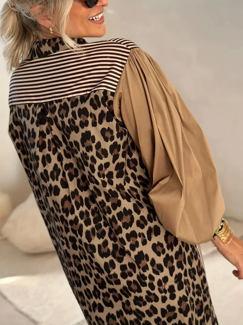 Leopard Print Collar Pocket Bishop Sleeve Pinstripe Midi Shirt Dress