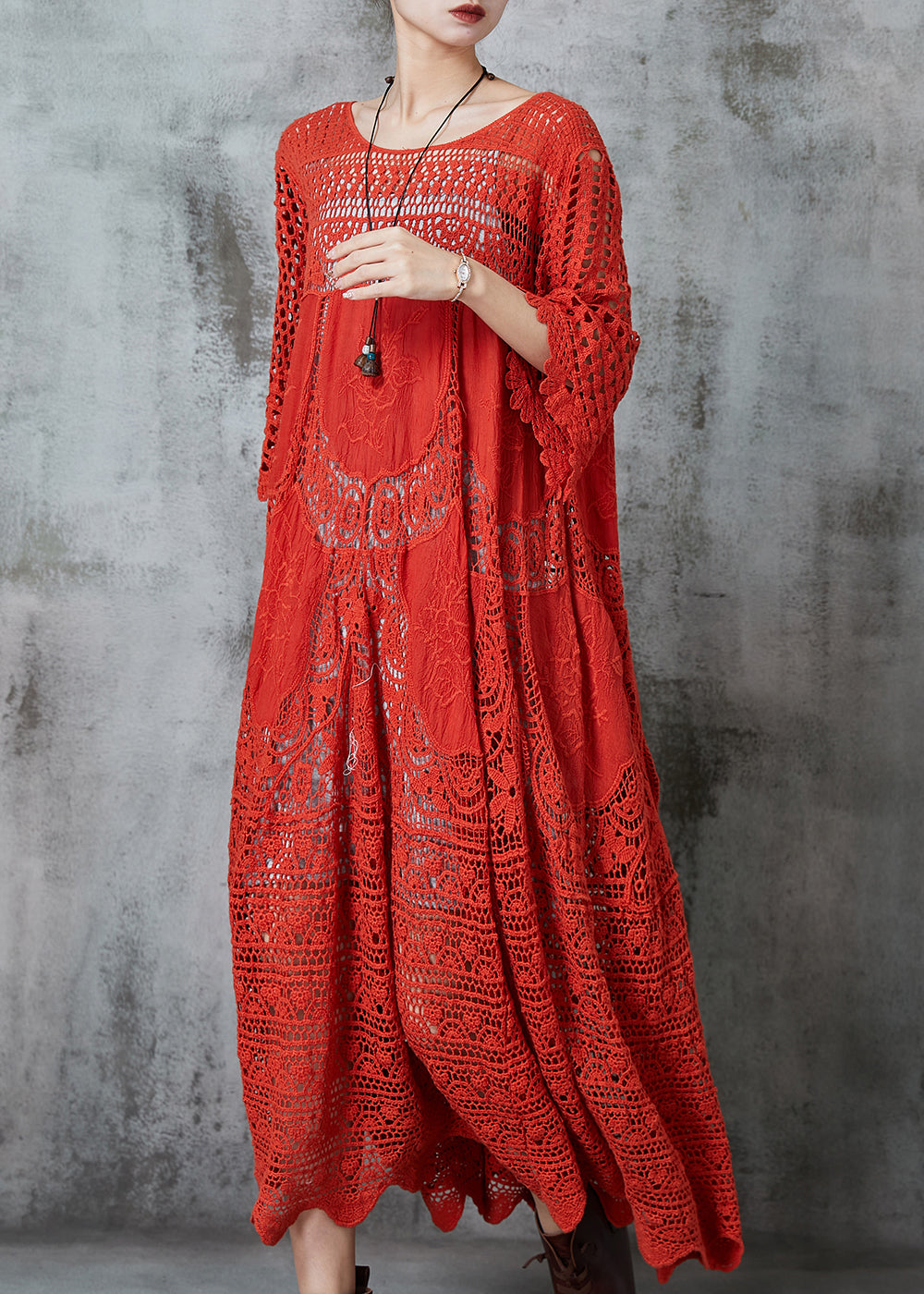 Crochet Lace Embroidered Floral Three Quarter Bell Sleeve Lace Panel Maxi Dress