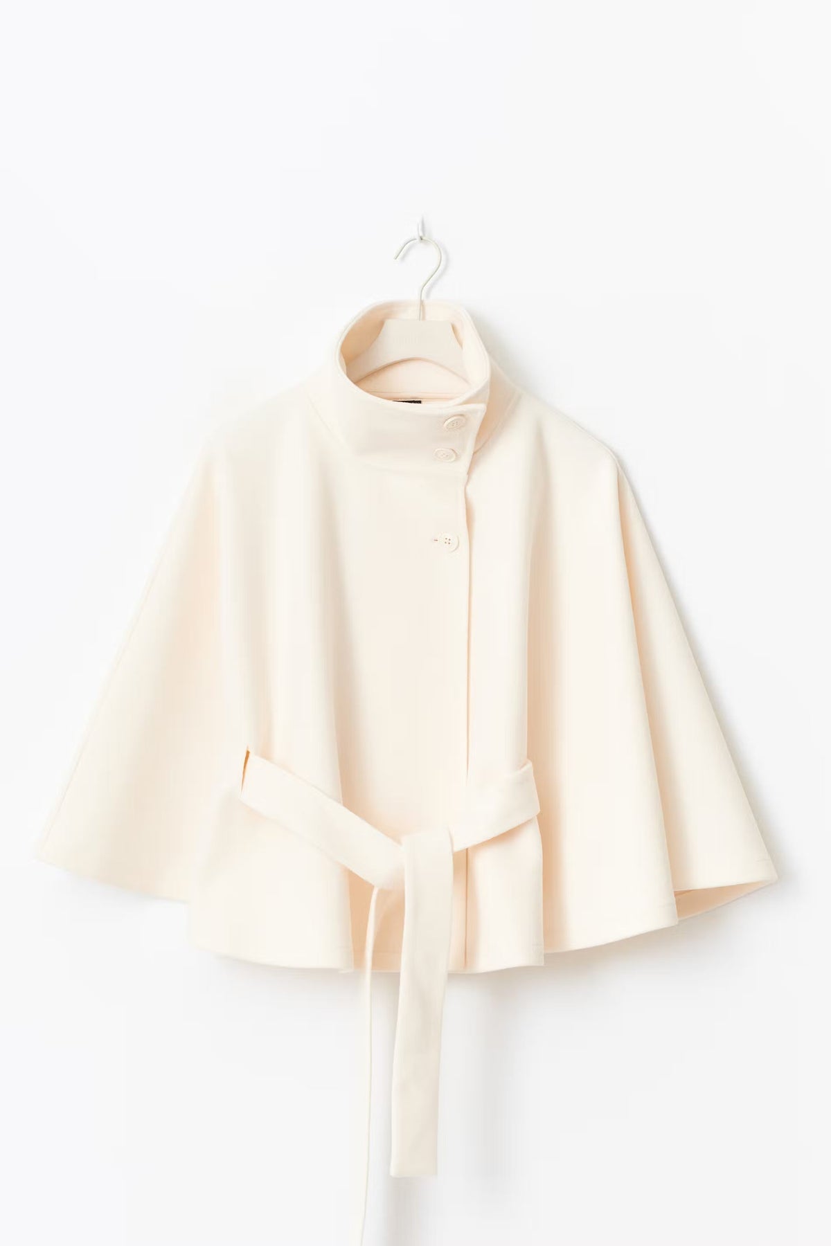 High Neck Button Front Belted Cape Jacket