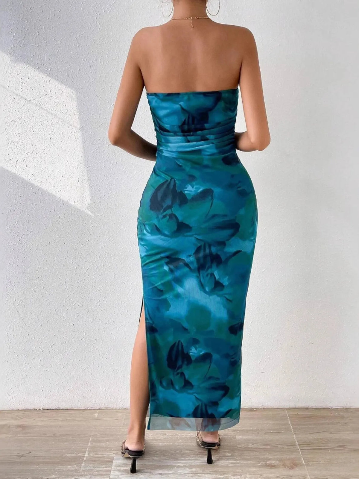 Abstract Print Strapless Ruched Bodycon Maxi Tube Dress 3