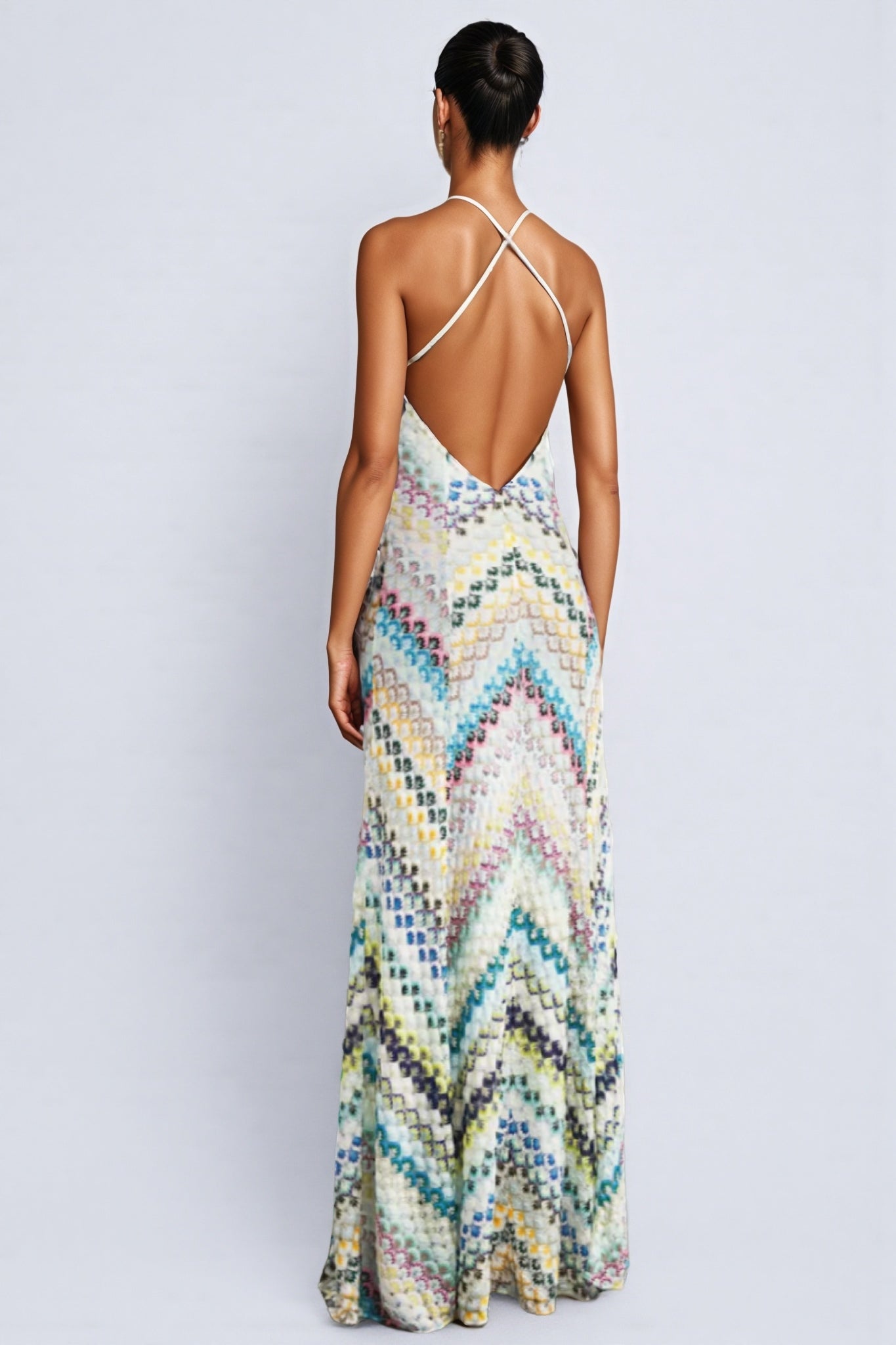 Geometric Chevron Print Halter Deep V-Neck Sleeveless Maxi Dress