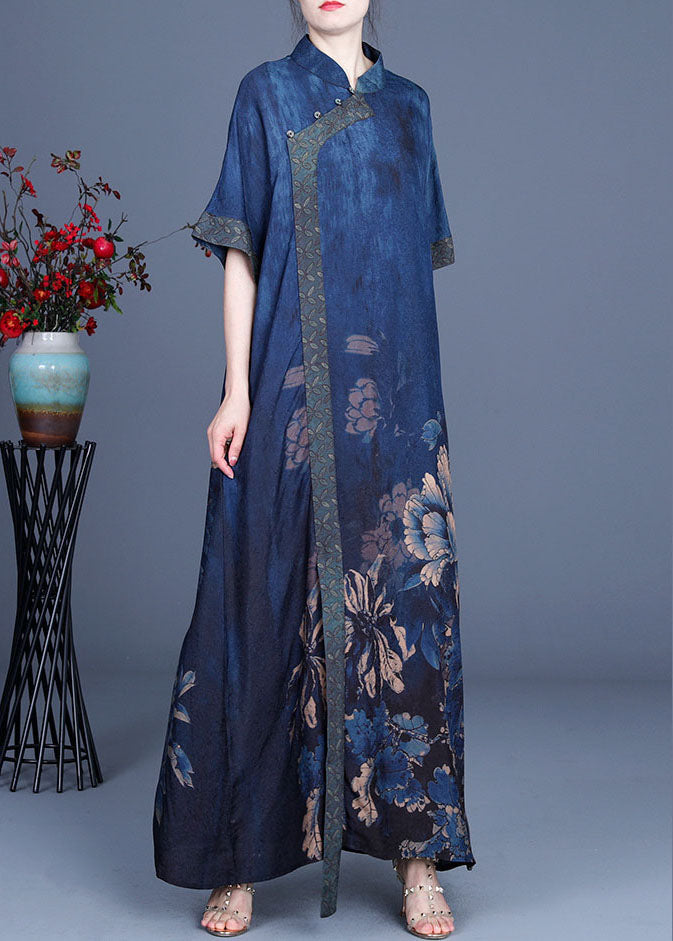 Floral Print Mandarin Collar Asymmetrical Button Short Sleeve Oversized Maxi Dress