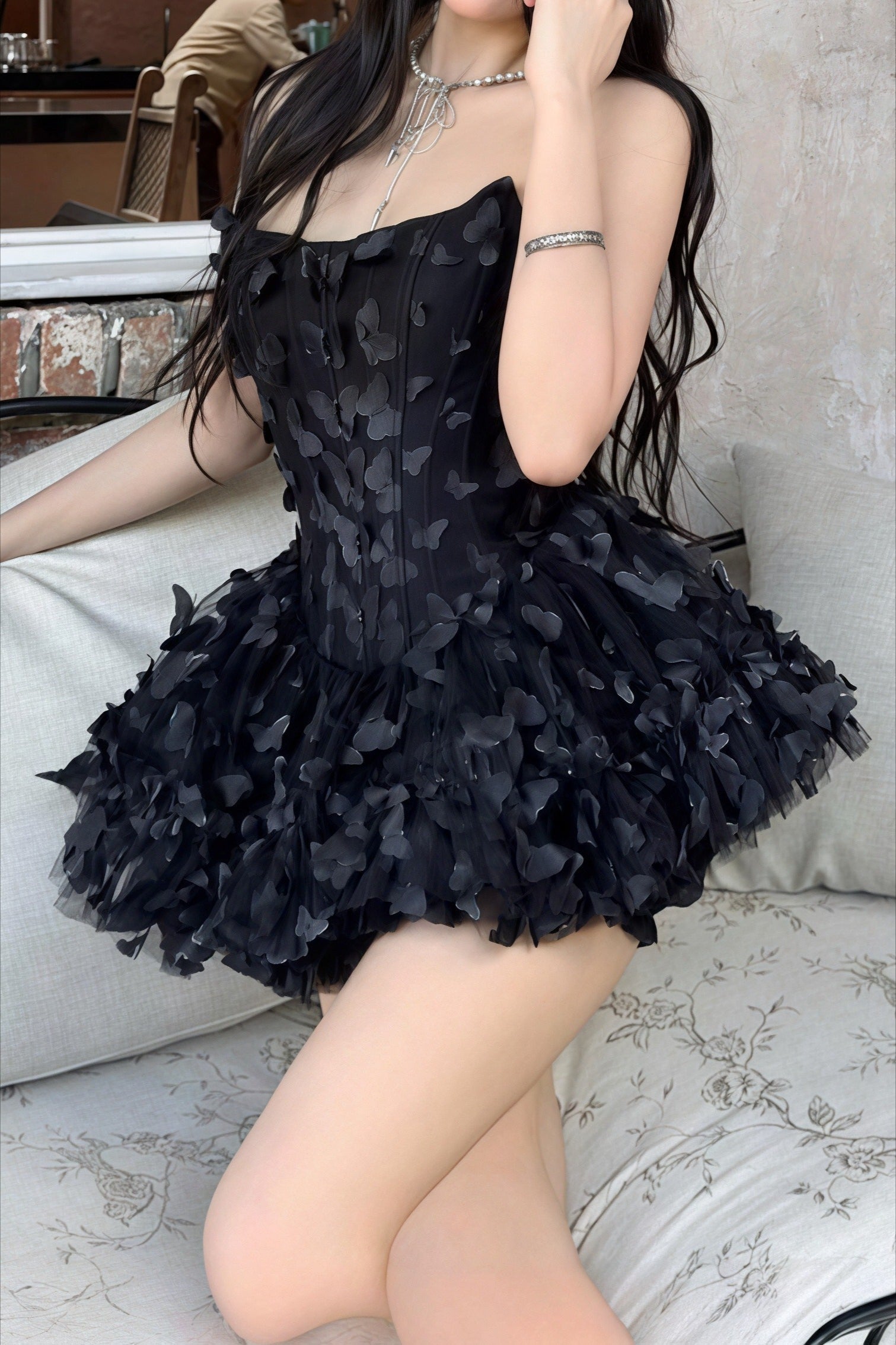 Strapless Corset Butterfly Appliqué Tulle Ruffle Mini Dress