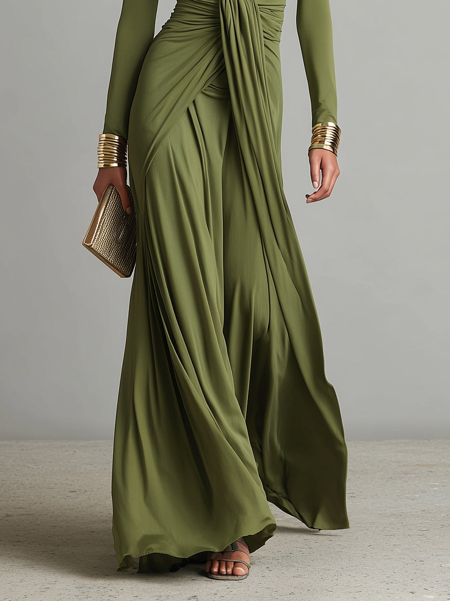 Deep V-Neck Long Sleeve Ruched Draped Maxi Dress Formal