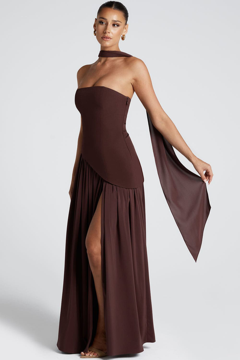 Strapless Bustier Scarf Neck High Split Maxi Dress
