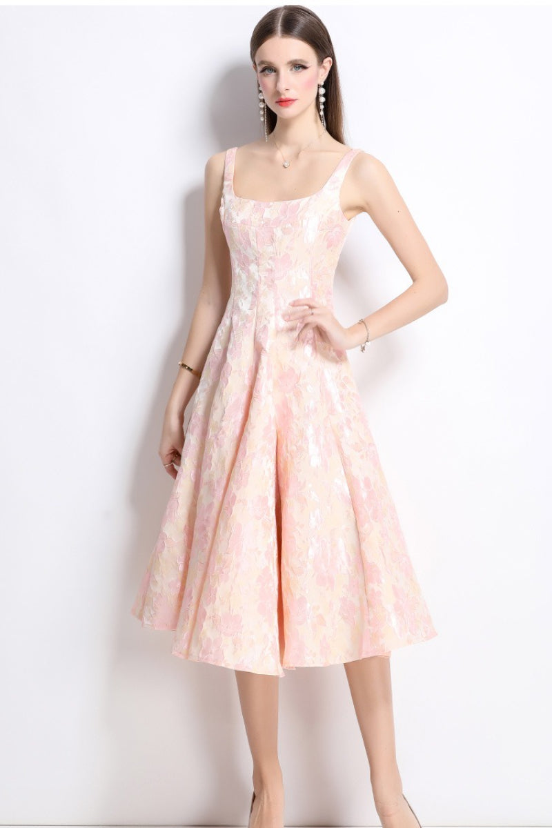 Floral Square Neck Fit and Flare Midi Dress