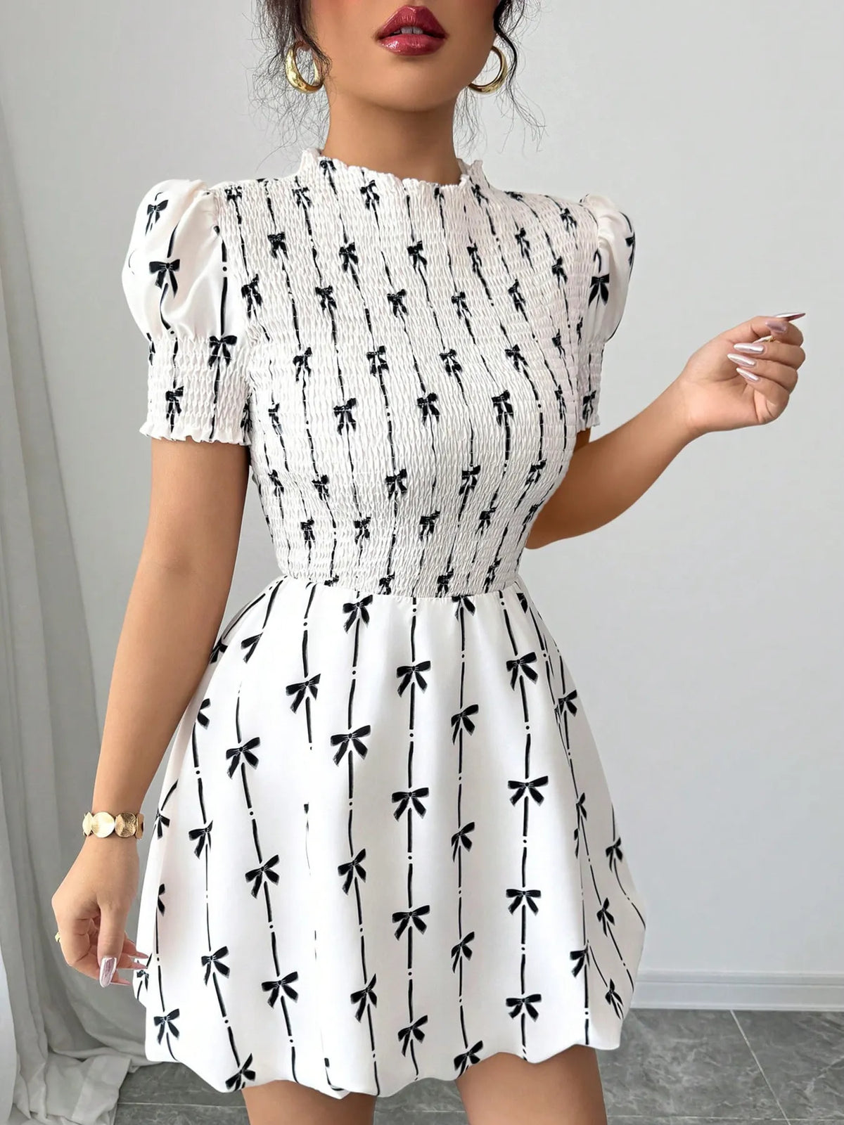 Bow Print Smocked Mock Neck Puff Sleeve Bubble Hem Mini Dress 2