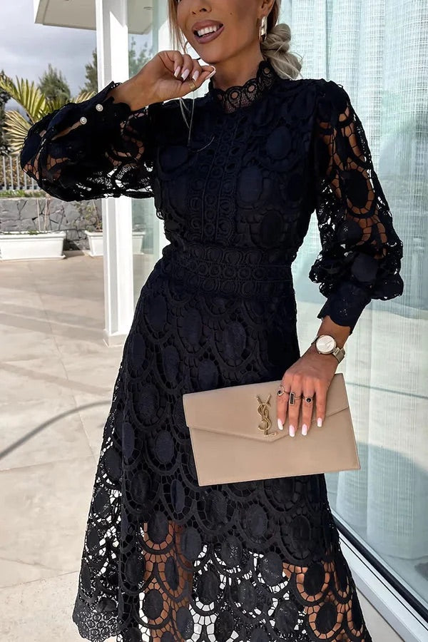 Francisca Premium Romantic, Sensual and Party Midi Dress with Crochet Lace and Lantern Sleeves Chic Silhouette Collection