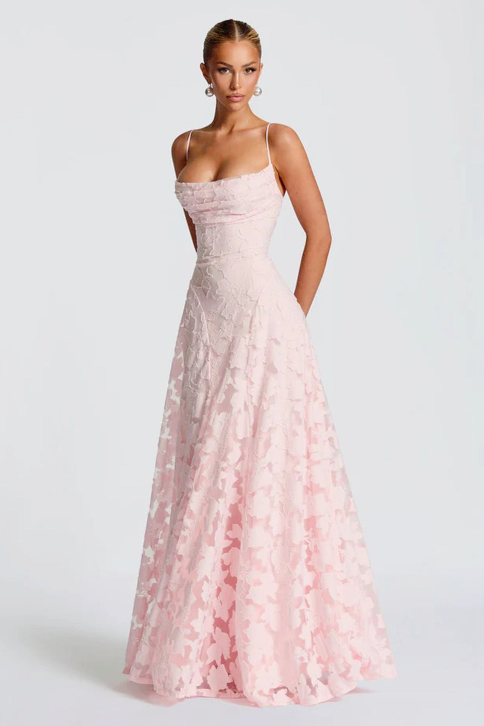 Floral Lace Spaghetti Strap Tie Back A-Line Maxi Dress - View 6