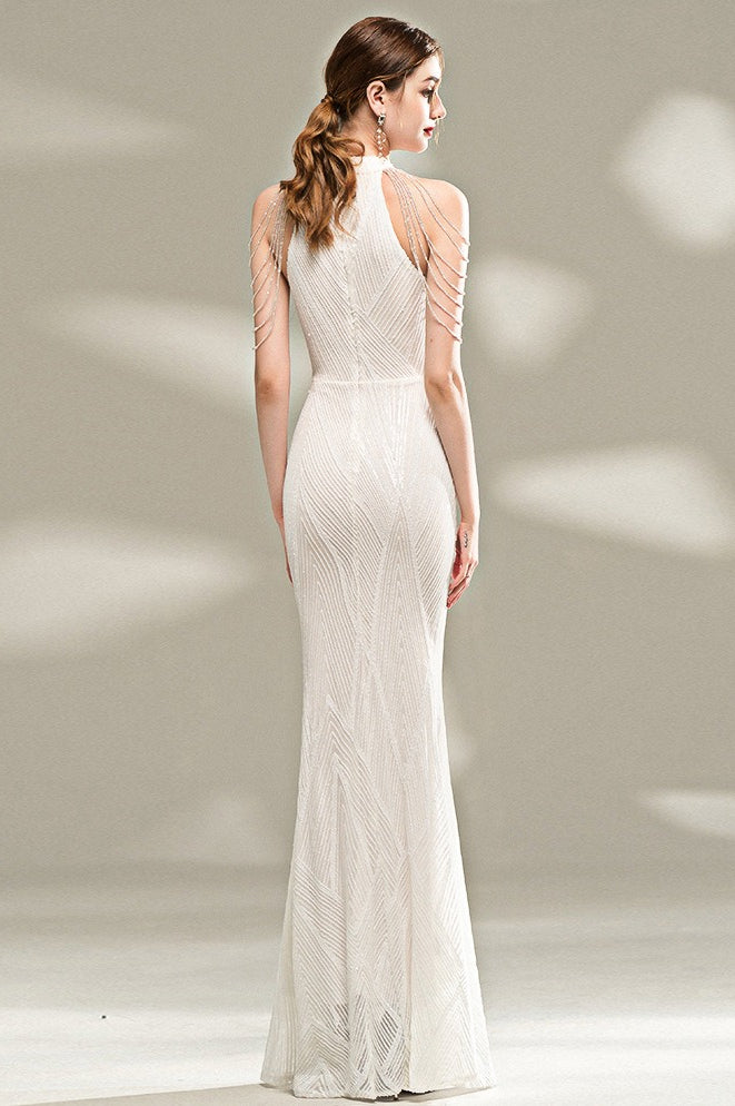 Sequin Halter Neck Fringe Trim Mermaid Maxi Gown