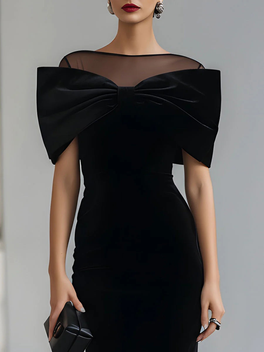 Velvet Mesh Neck Oversized Bow Bodycon Midi Dress