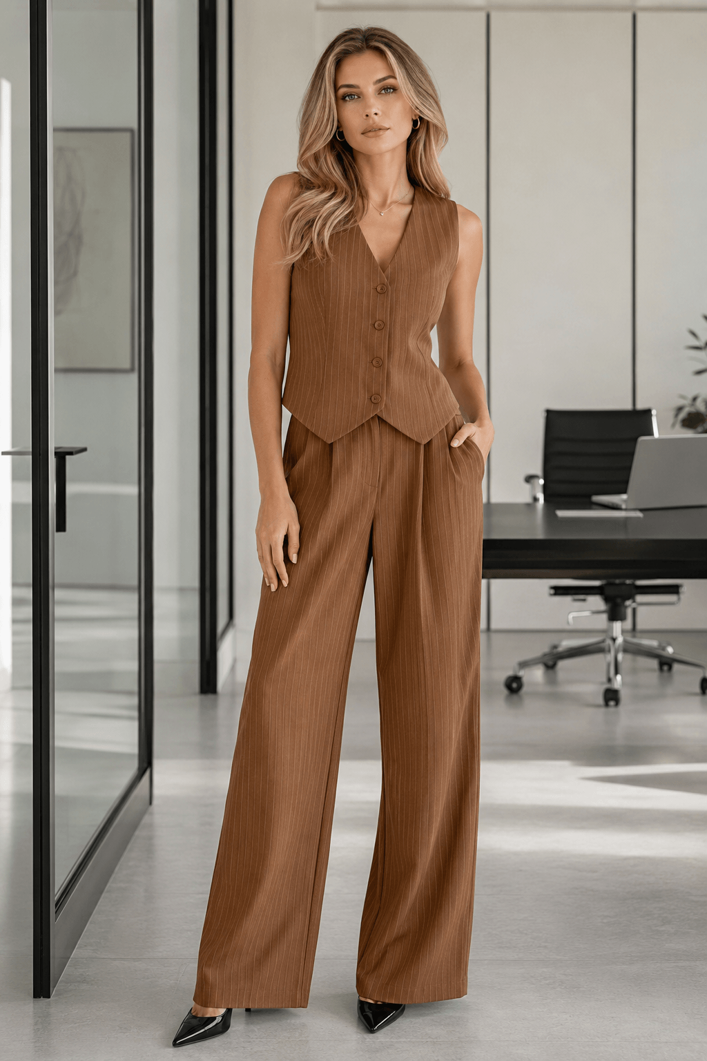 Stripe V Neck Blazer Elegant Two Piece Work Set