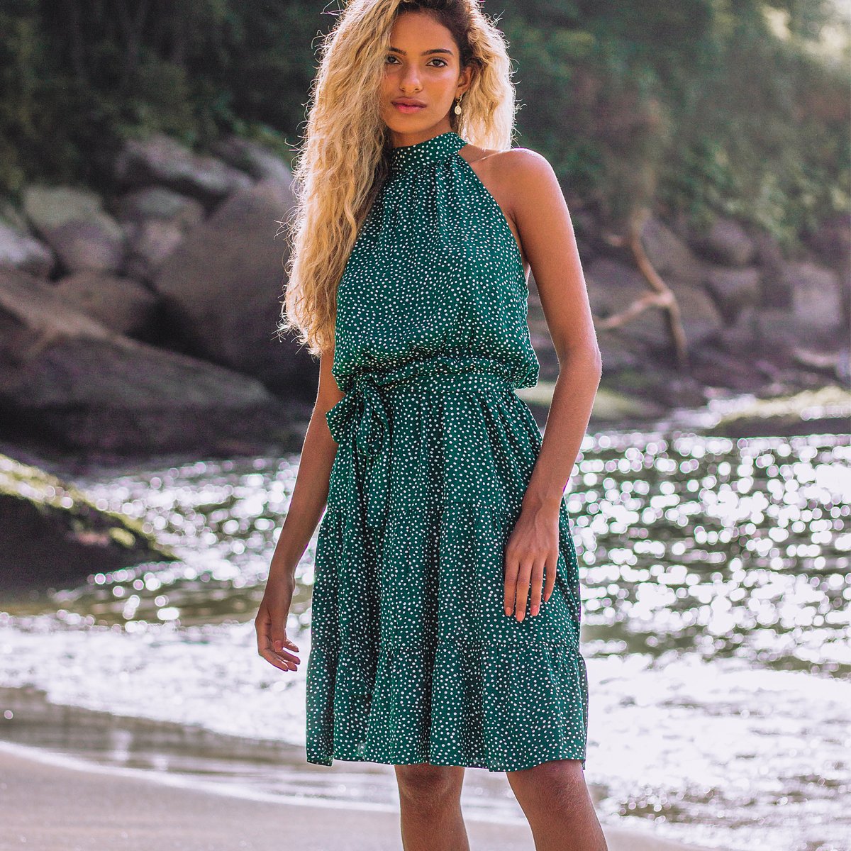 Dots Print Halter Neck Tie Waist Sleeveless Dress