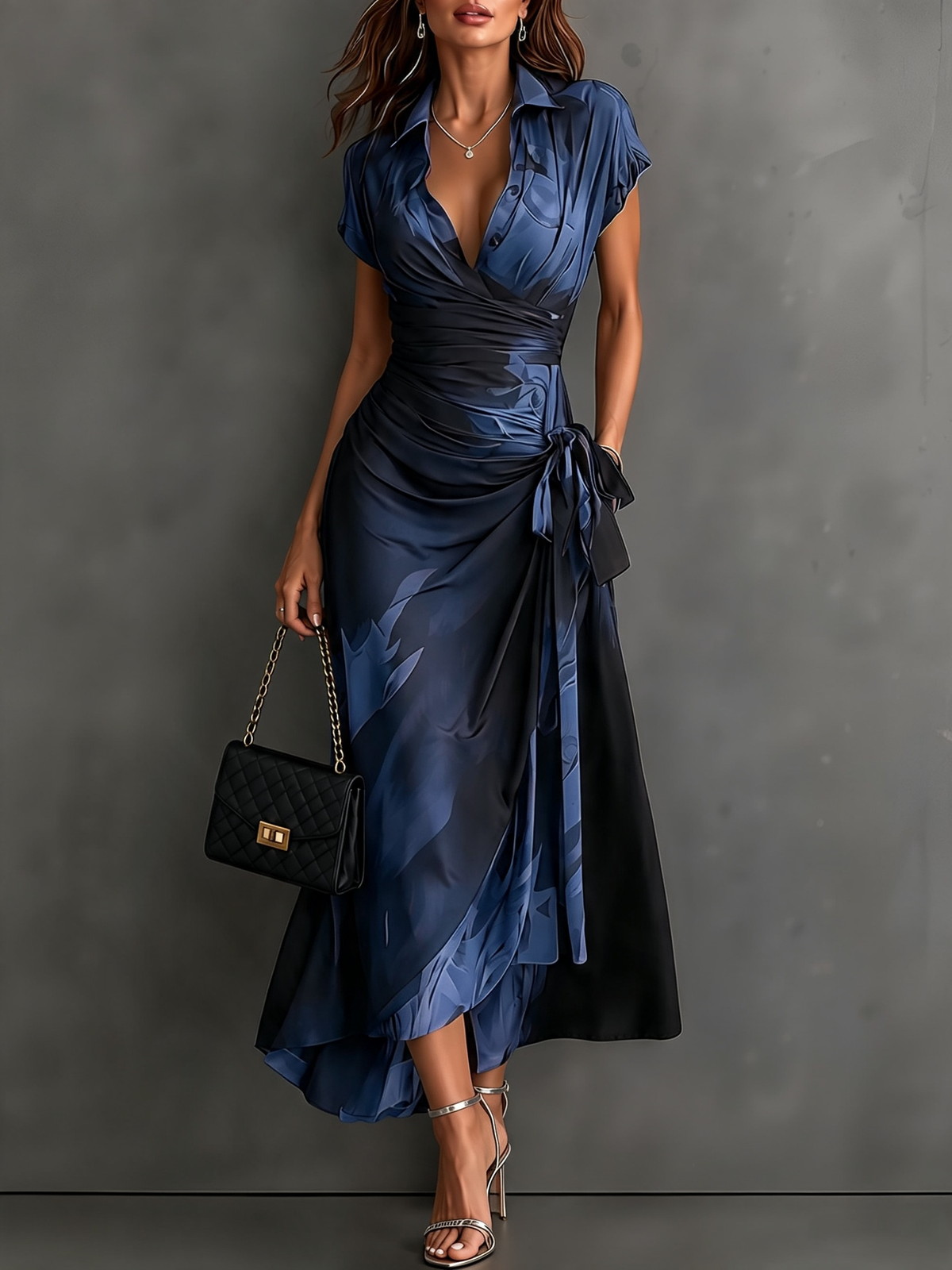 Abstract Print Collared Cap Sleeve Ruched Wrap Maxi Dress