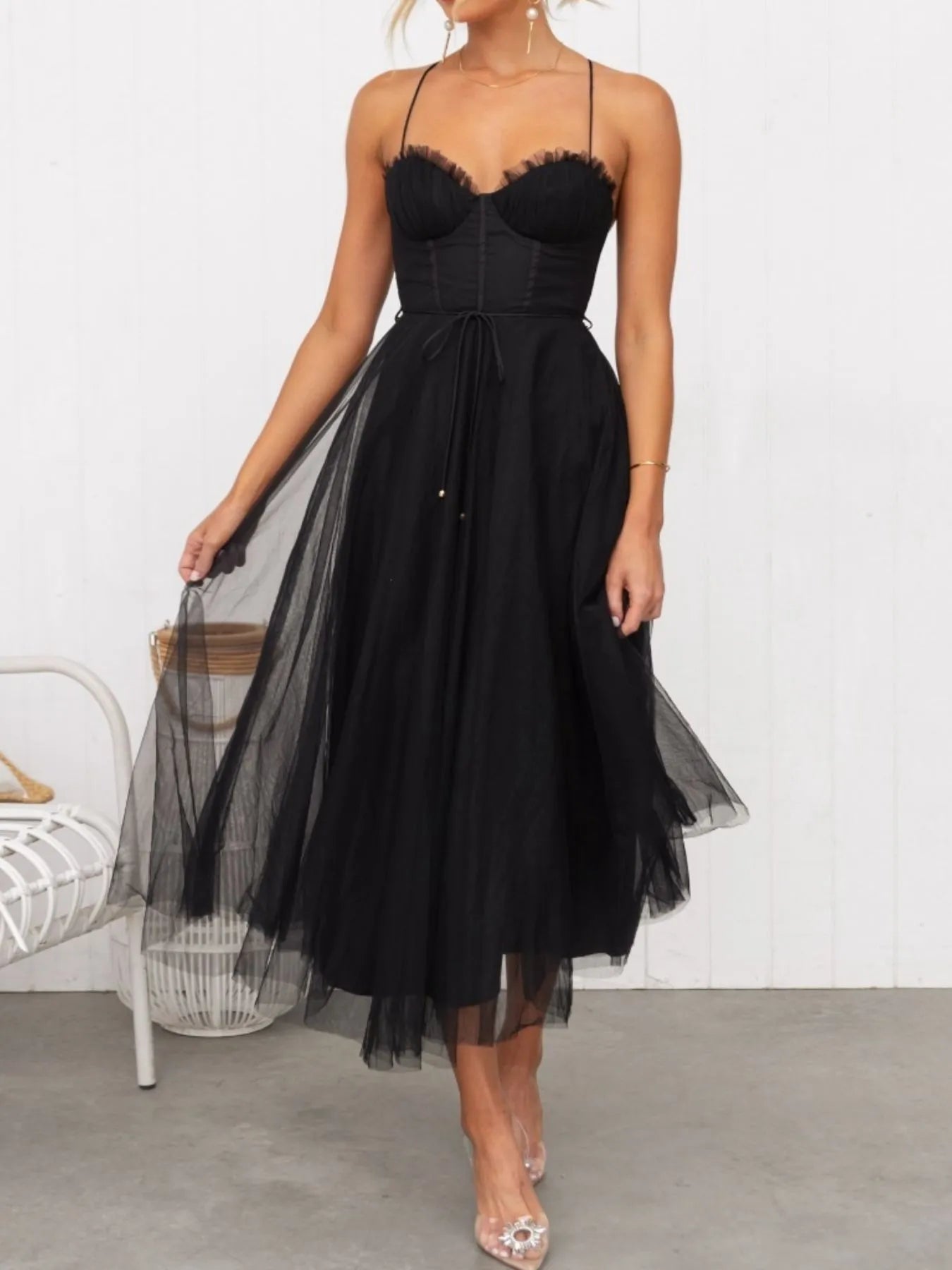 Sweetheart Neck Tulle Midi Dress Black