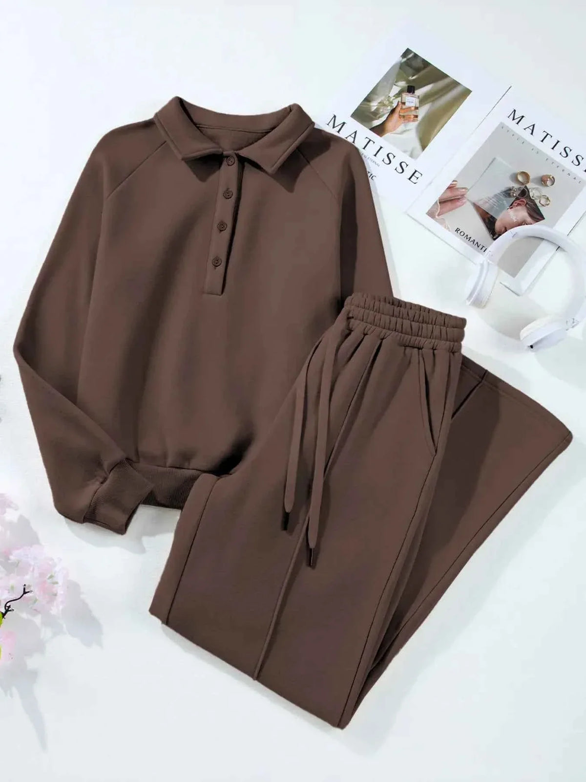 Collared Button Placket Sweatshirt and Seam Front Wide Leg Pants Two Piece Set 12