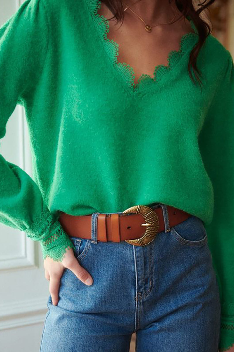 Lace Splicing V Neck Pullover Sweater