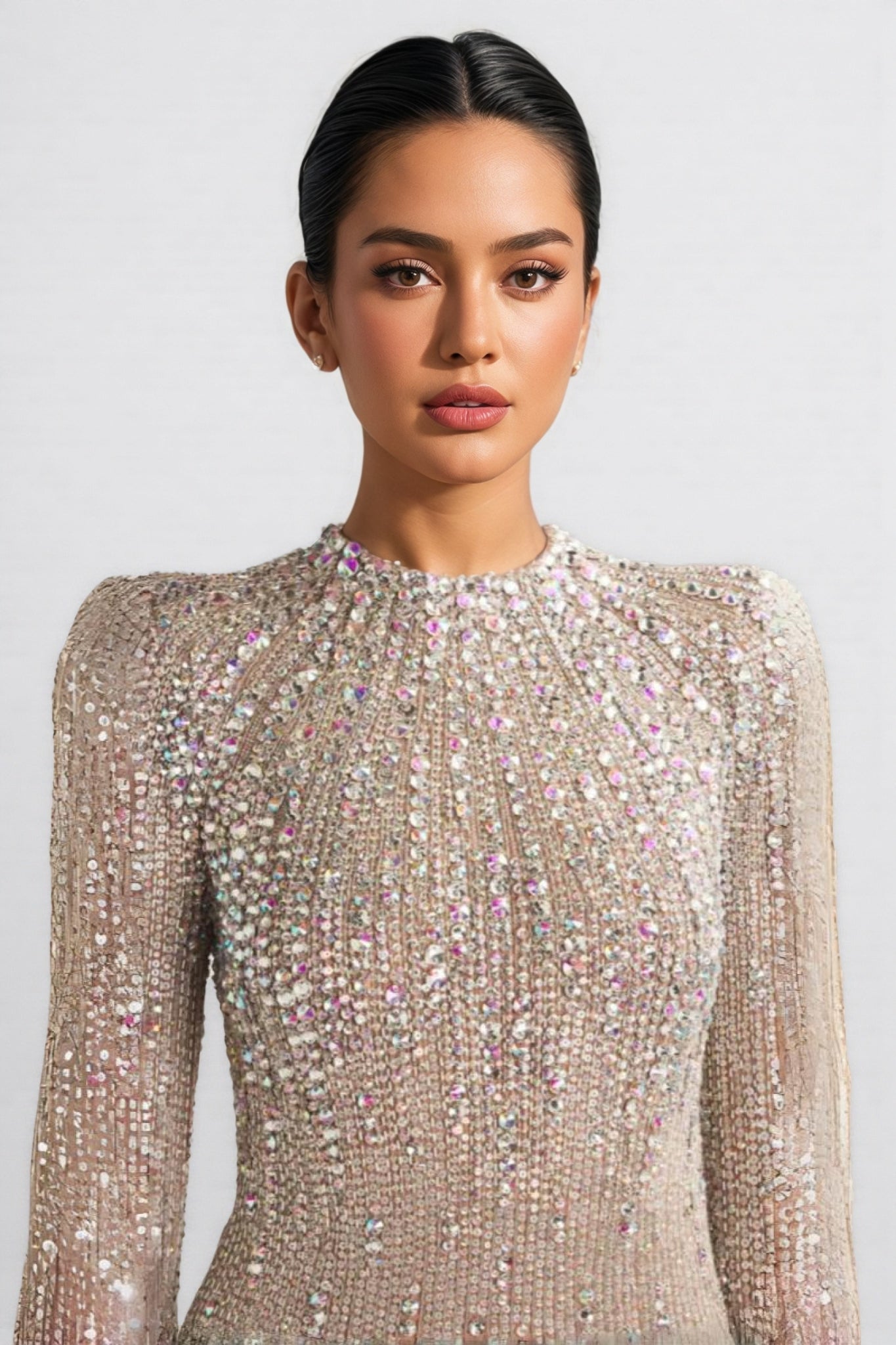 Sequin Long Sleeve Crew Neck Structured Shoulder Shift Mini Dress
