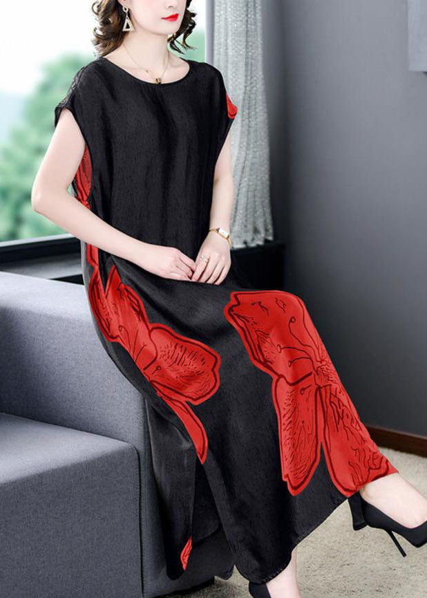 Floral Print Cap Sleeve Round Neck Side Slit Shift Midi Dress