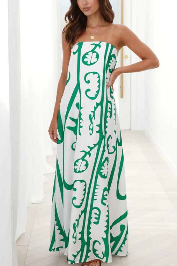 Abstract Print Strapless A-Line Maxi Summer Dress