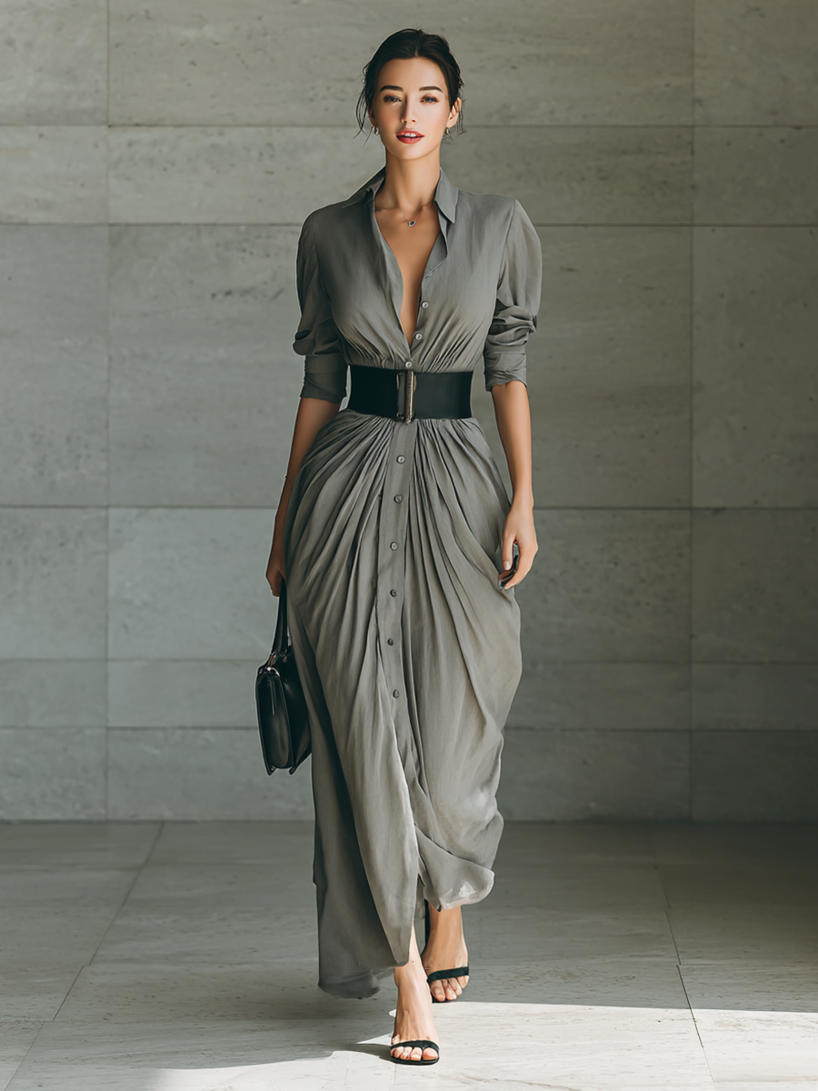 Collared Belted Ruched Long Sleeve Draped Maxi Shirt Dress
