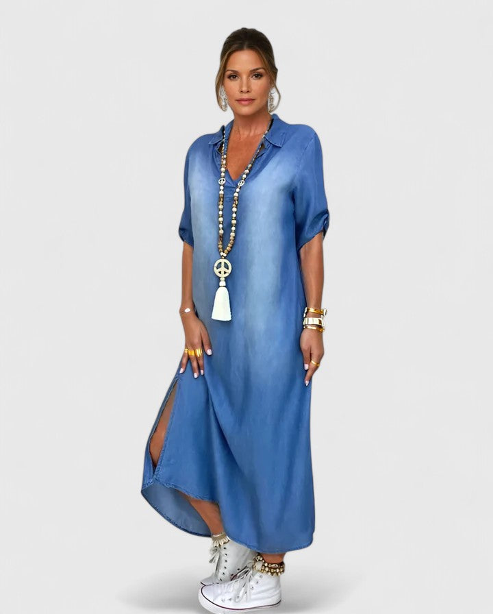 Collared Short Sleeve Denim Look Side Split Shirt Maxi Dress