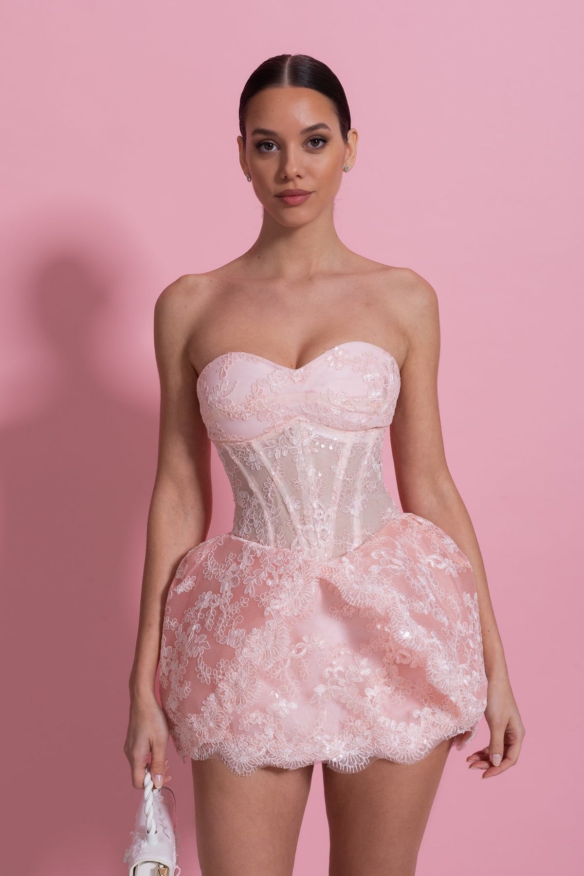 Strapless Sweetheart Corset Bodice Floral Lace Bubble Mini Dress 4