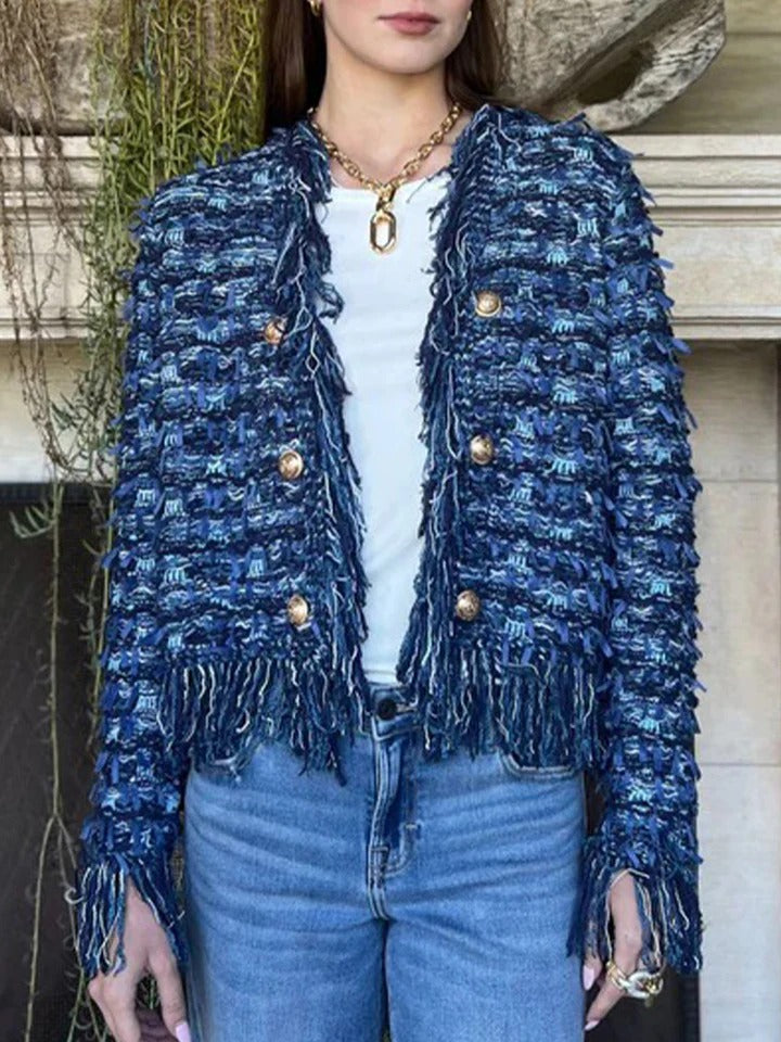 Fringe Trim Gold Button Tweed Jacket