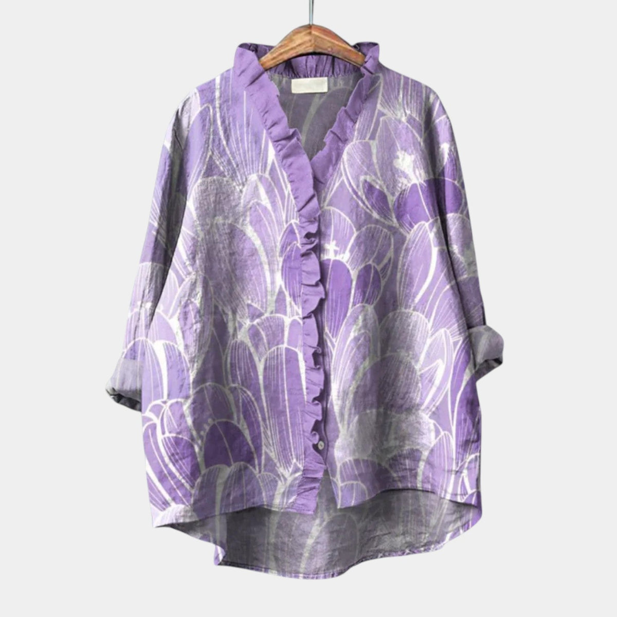 Abstract Petal Print Ruffle Placket Long Sleeve Blouse