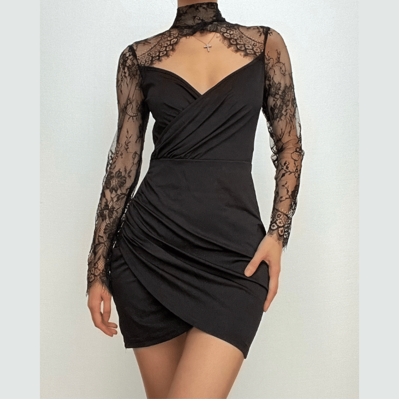 Sheer Lace Long Sleeve High Neck Ruched Wrap Hem Mini Dress