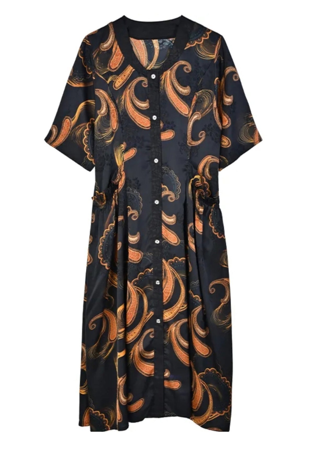 Paisley Print V-Neck Short Sleeve Button Front Side Ruffle A-Line Midi Dress