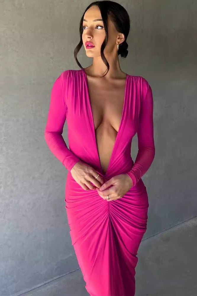 Deep V-Neck Long Sleeve Ruched Twist Front Bodycon Maxi Dress