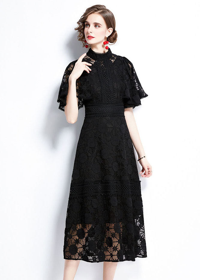 Lace Mock Neck Flutter Sleeve A-Line Midi Dress