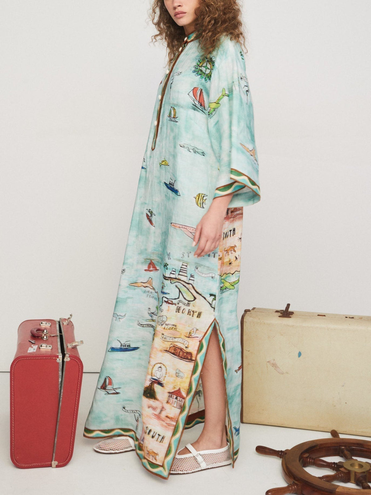 Modern Satin Art Island Print Slit Maxi Dress - View 2